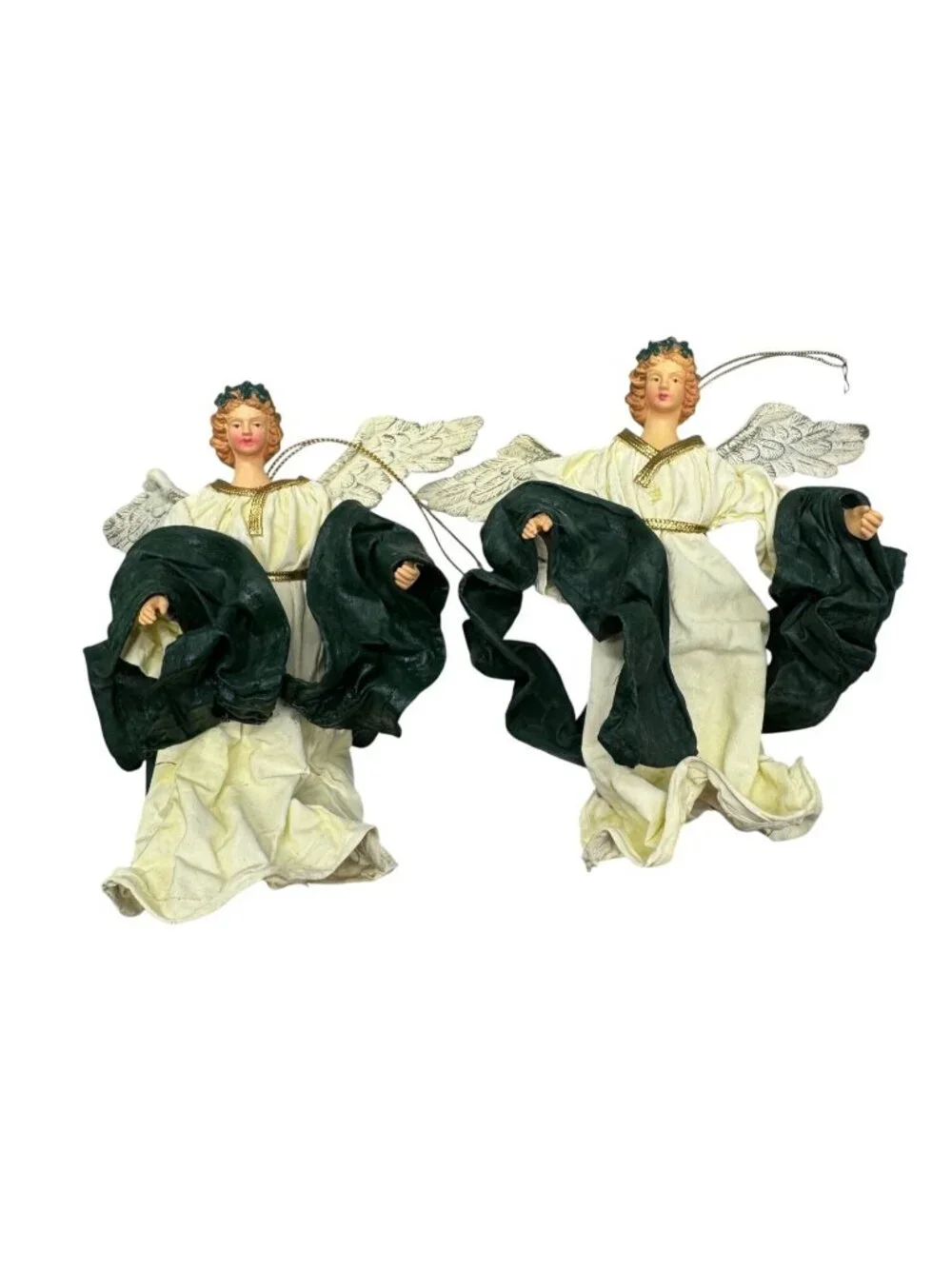 Vintage Angel Christmas Tree Ornament Set Of 2 With Green Gown Gold Accents READ